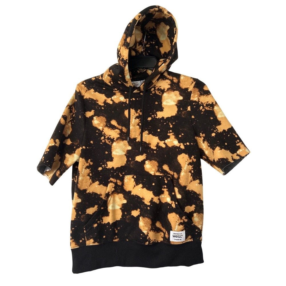 WeSC Mens XS Bleach Wash Short Sleeve Hoodie Black Orange Tie Dye Streetwear